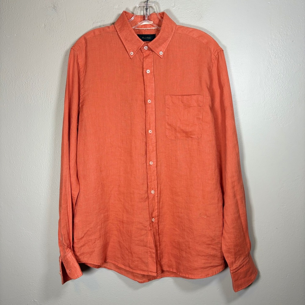 Porter & Ash 100% Linen Button Down Shirt Orange Long Sleeve Chest Pocket L